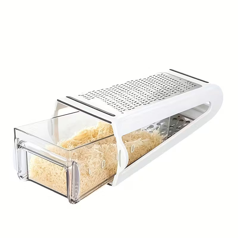 Stainless steel grater with storage container, double-sided cheese grater